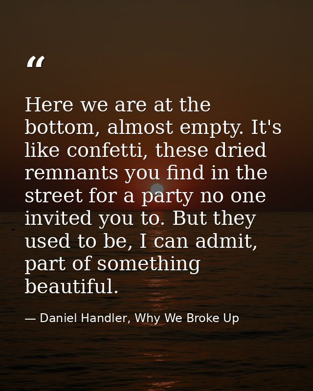 Here we are at the bottom, almost empty. It's like confetti, these dried remnants you find in the street for a party no  — Daniel Handler, Why We Broke Up
