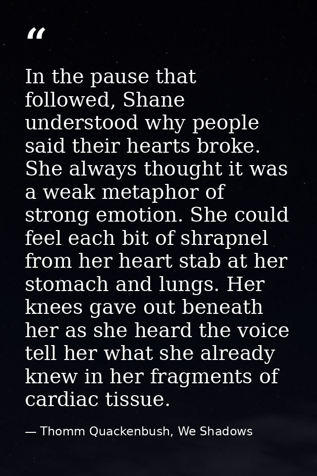 In the pause that followed, Shane understood why people said their hearts broke. She always thought it was a weak metaph — Thomm Quackenbush, We Shadows