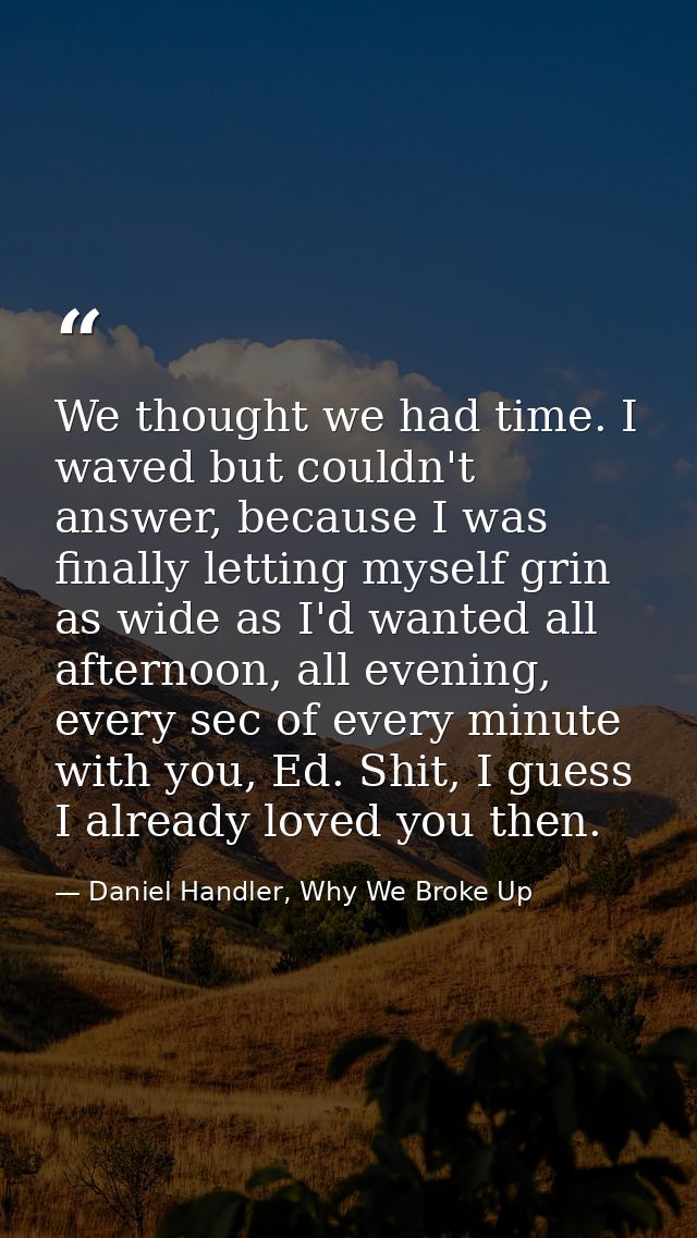 We thought we had time. I waved but couldn't answer, because I was finally letting myself grin as wide as I'd wanted all — Daniel Handler, Why We Broke Up