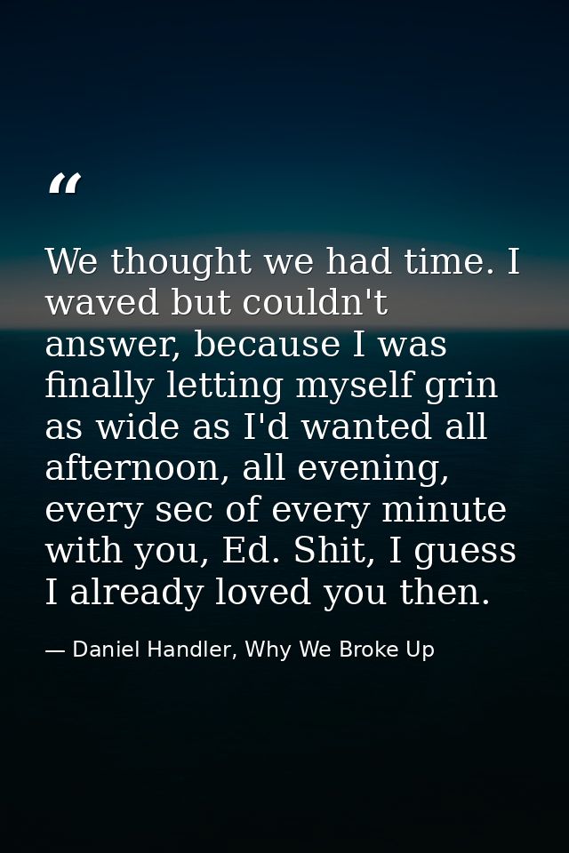 We thought we had time. I waved but couldn't answer, because I was finally letting myself grin as wide as I'd wanted all — Daniel Handler, Why We Broke Up