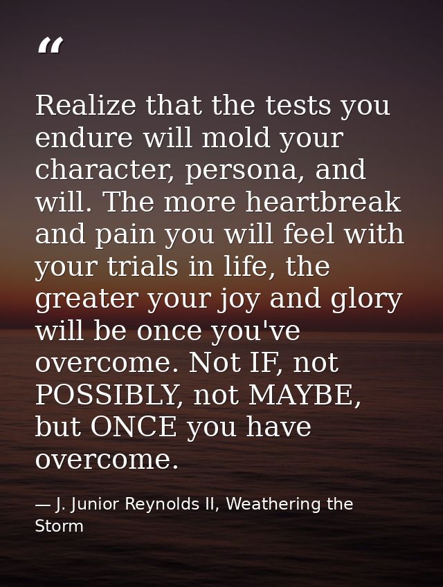 Realize that the tests you endure will mold your character, persona, and will. The more heartbreak and pain you will fee — J. Junior Reynolds II, Weathering the Storm