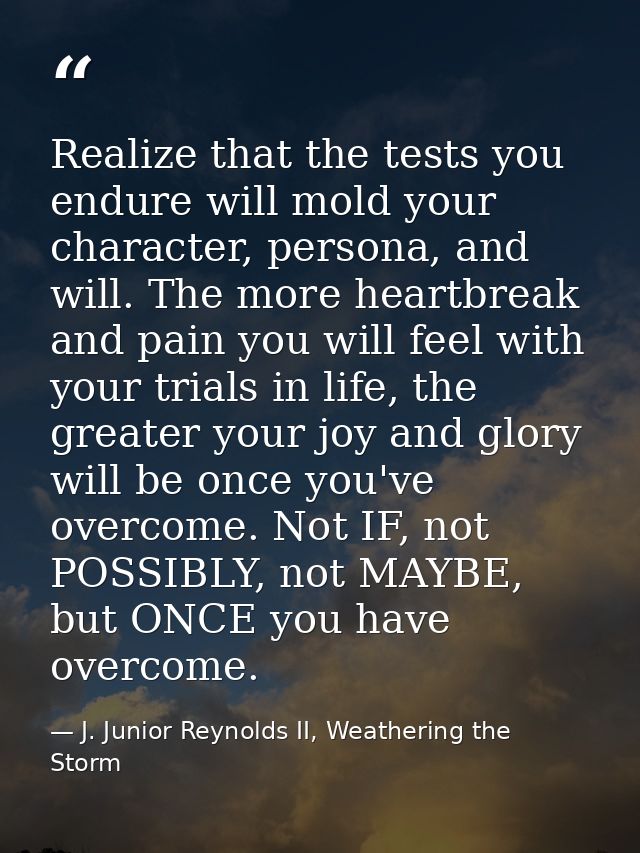 Realize that the tests you endure will mold your character, persona, and will. The more heartbreak and pain you will fee — J. Junior Reynolds II, Weathering the Storm