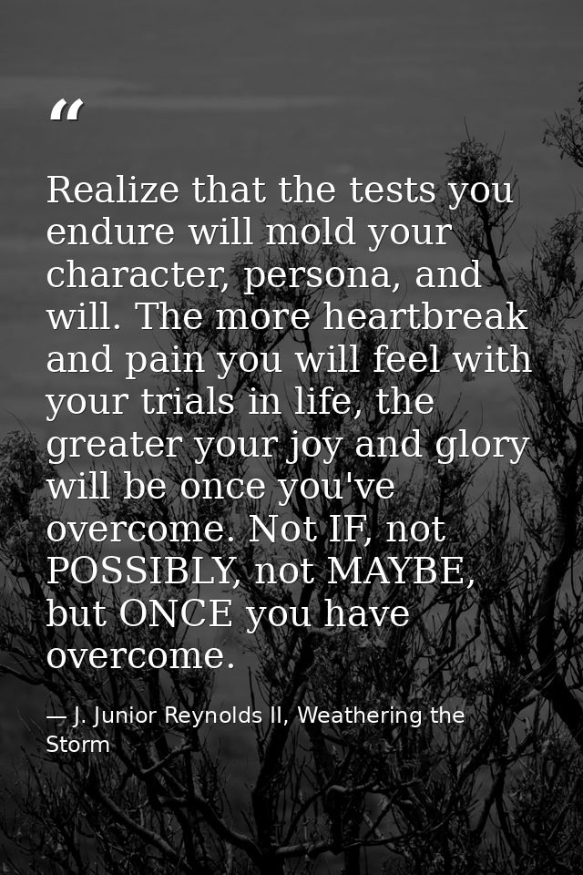 Realize that the tests you endure will mold your character, persona, and will. The more heartbreak and pain you will fee — J. Junior Reynolds II, Weathering the Storm