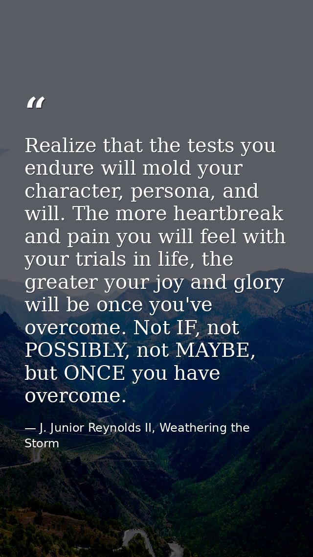 Realize that the tests you endure will mold your character, persona, and will. The more heartbreak and pain you will fee — J. Junior Reynolds II, Weathering the Storm
