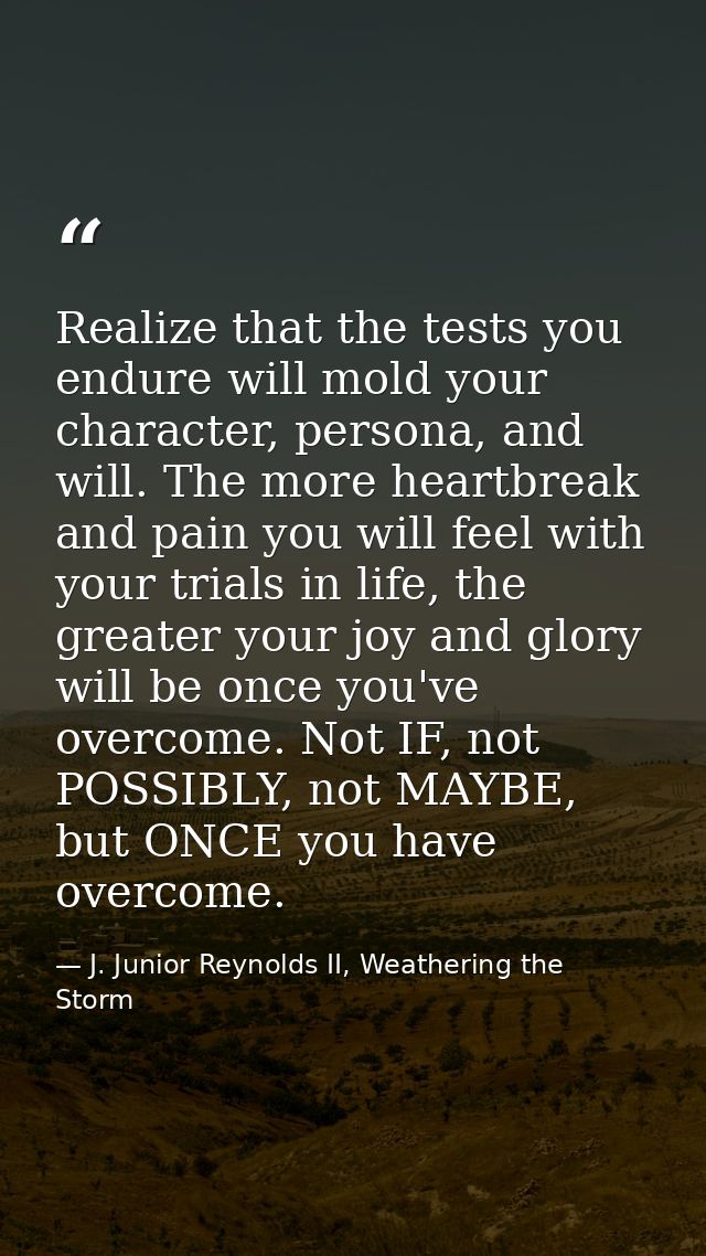Realize that the tests you endure will mold your character, persona, and will. The more heartbreak and pain you will fee — J. Junior Reynolds II, Weathering the Storm