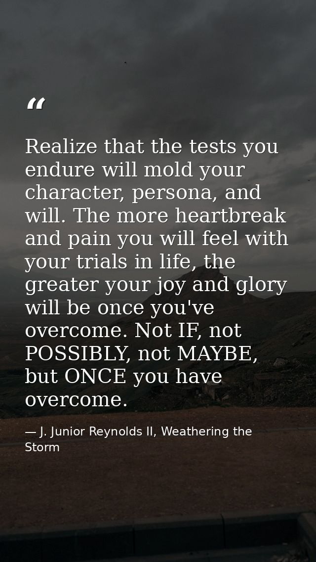 Realize that the tests you endure will mold your character, persona, and will. The more heartbreak and pain you will fee — J. Junior Reynolds II, Weathering the Storm