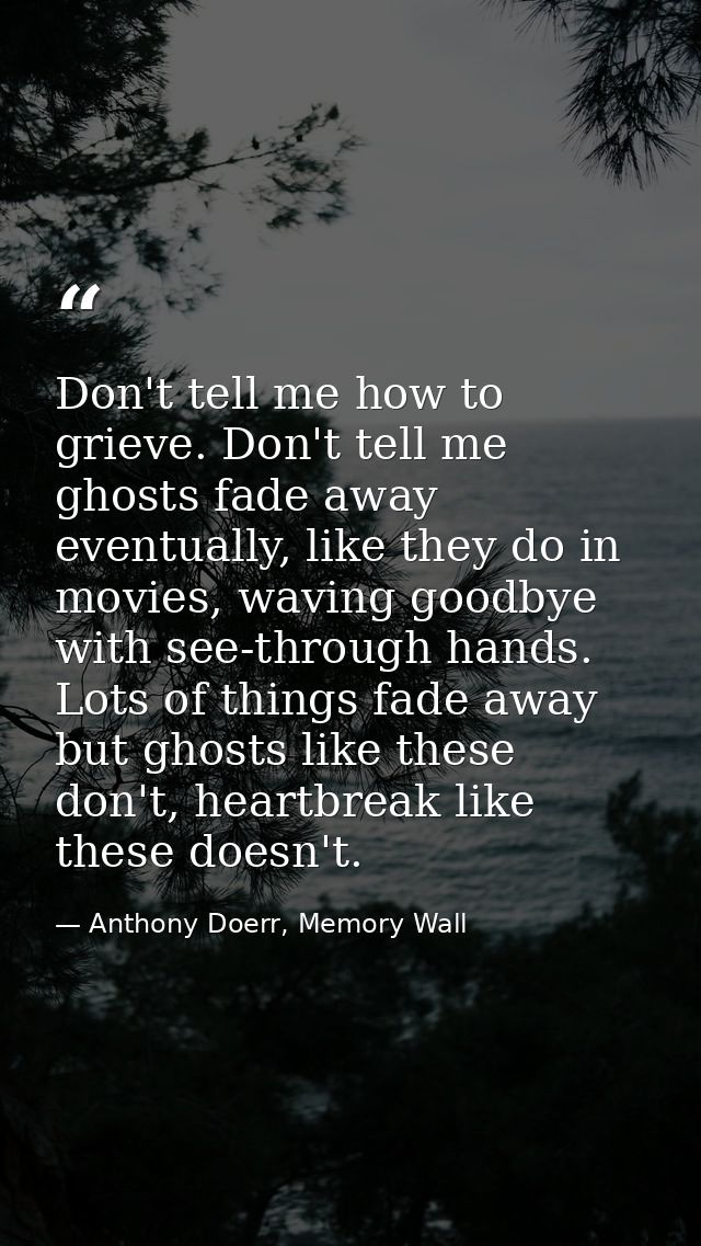 Don't tell me how to grieve. Don't tell me ghosts fade away eventually, like they do in movies, waving goodbye with see- — Anthony Doerr, Memory Wall
