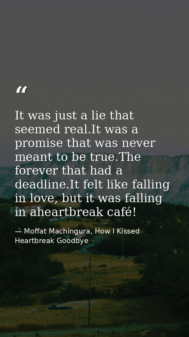 It was just a lie that seemed real.It was a promise that was never meant to be true.The forever that had a deadline.It f — Moffat Machingura, How I Kissed Heartbreak Goodbye