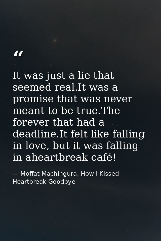 It was just a lie that seemed real.It was a promise that was never meant to be true.The forever that had a deadline.It f — Moffat Machingura, How I Kissed Heartbreak Goodbye