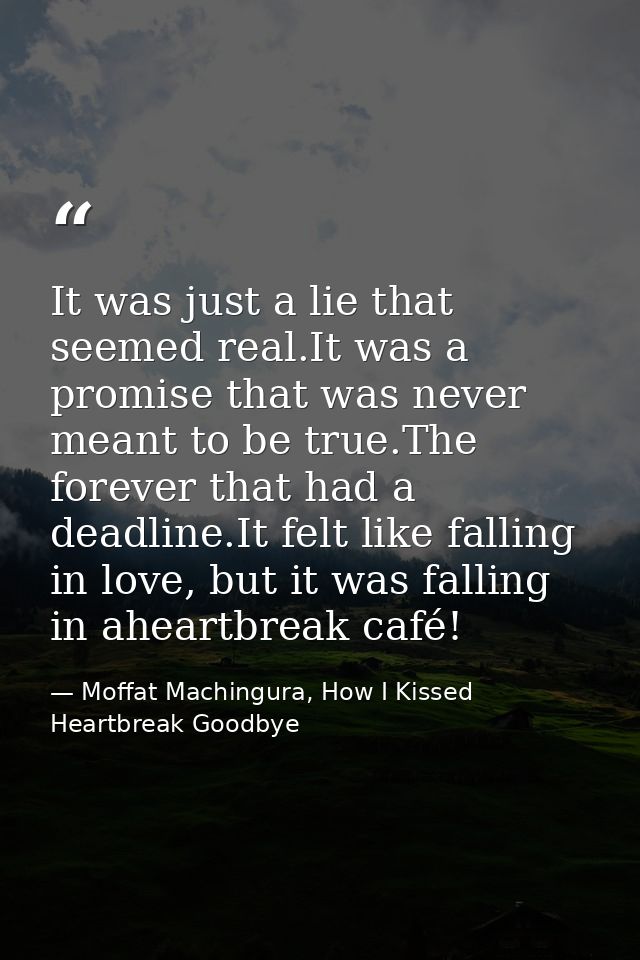 It was just a lie that seemed real.It was a promise that was never meant to be true.The forever that had a deadline.It f — Moffat Machingura, How I Kissed Heartbreak Goodbye
