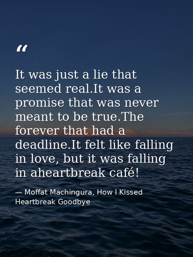 It was just a lie that seemed real.It was a promise that was never meant to be true.The forever that had a deadline.It f — Moffat Machingura, How I Kissed Heartbreak Goodbye
