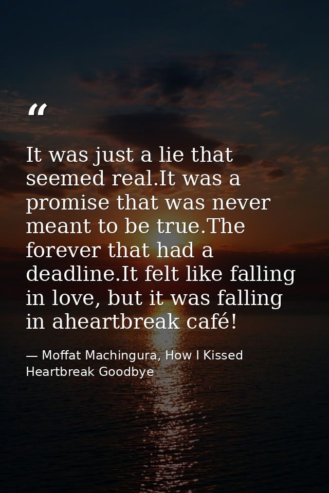 It was just a lie that seemed real.It was a promise that was never meant to be true.The forever that had a deadline.It f — Moffat Machingura, How I Kissed Heartbreak Goodbye