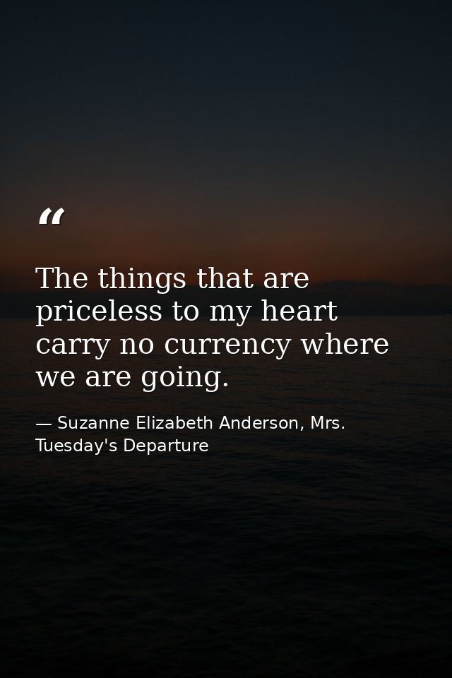 The things that are priceless to my heart carry no currency where we are going. — Suzanne Elizabeth Anderson, Mrs. Tuesday's Departure