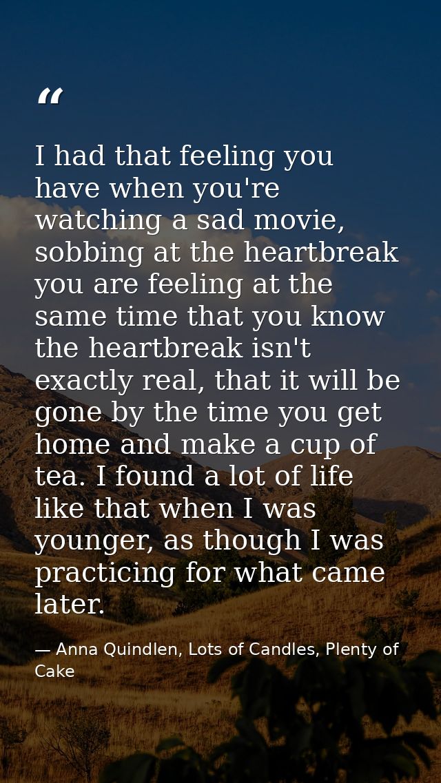 I had that feeling you have when you're watching a sad movie, sobbing at the heartbreak you are feeling at the same time — Anna Quindlen, Lots of Candles, Plenty of Cake