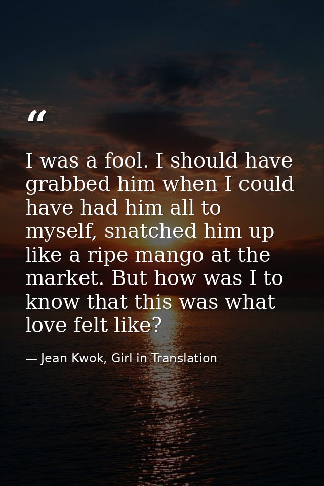 I was a fool. I should have grabbed him when I could have had him all to myself, snatched him up like a ripe mango at th — Jean Kwok, Girl in Translation