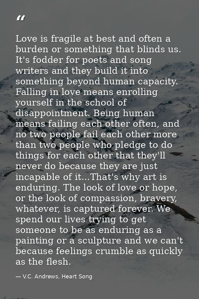 Love is fragile at best and often a burden or something that blinds us. It's fodder for poets and song writers and they  — V.C. Andrews, Heart Song