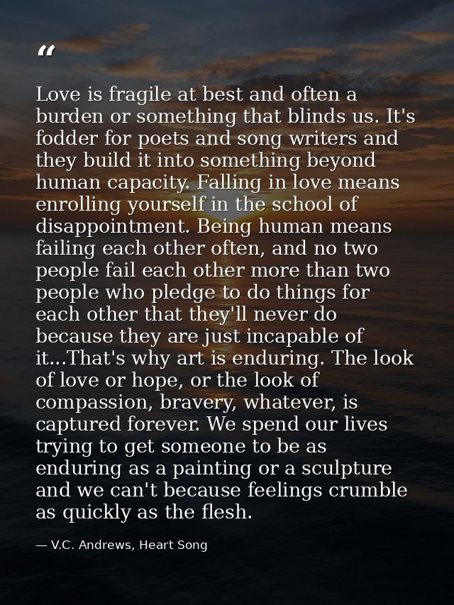 Love is fragile at best and often a burden or something that blinds us. It's fodder for poets and song writers and they  — V.C. Andrews, Heart Song