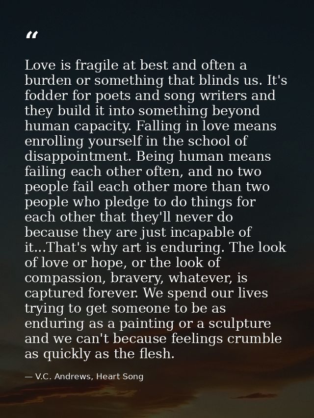 Love is fragile at best and often a burden or something that blinds us. It's fodder for poets and song writers and they  — V.C. Andrews, Heart Song