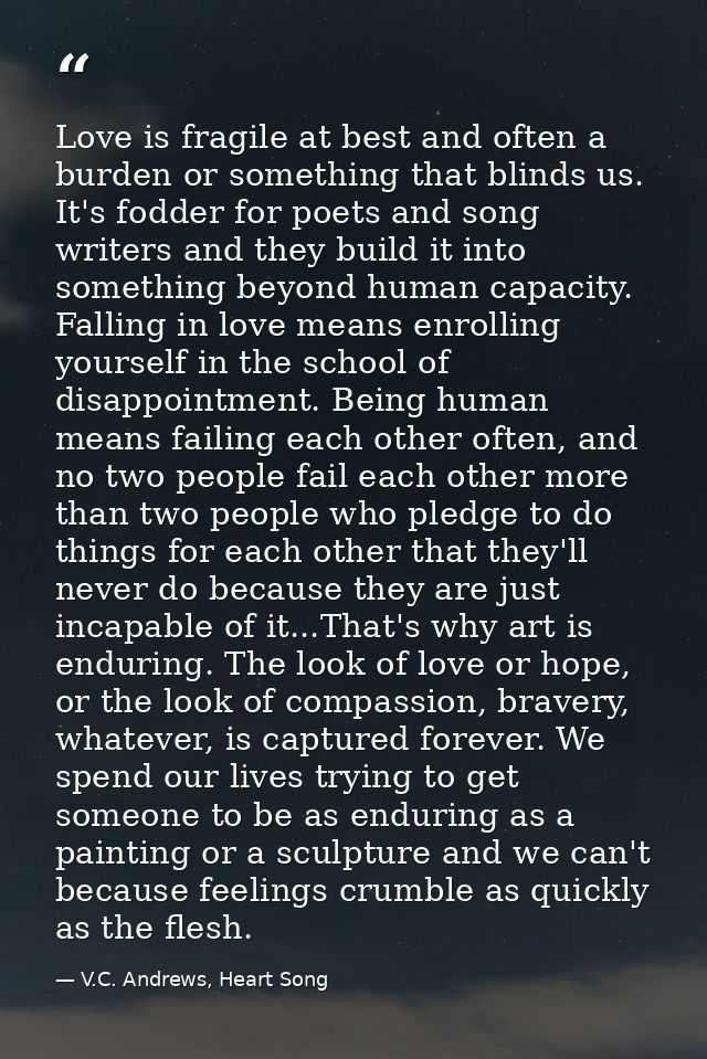 Love is fragile at best and often a burden or something that blinds us. It's fodder for poets and song writers and they  — V.C. Andrews, Heart Song