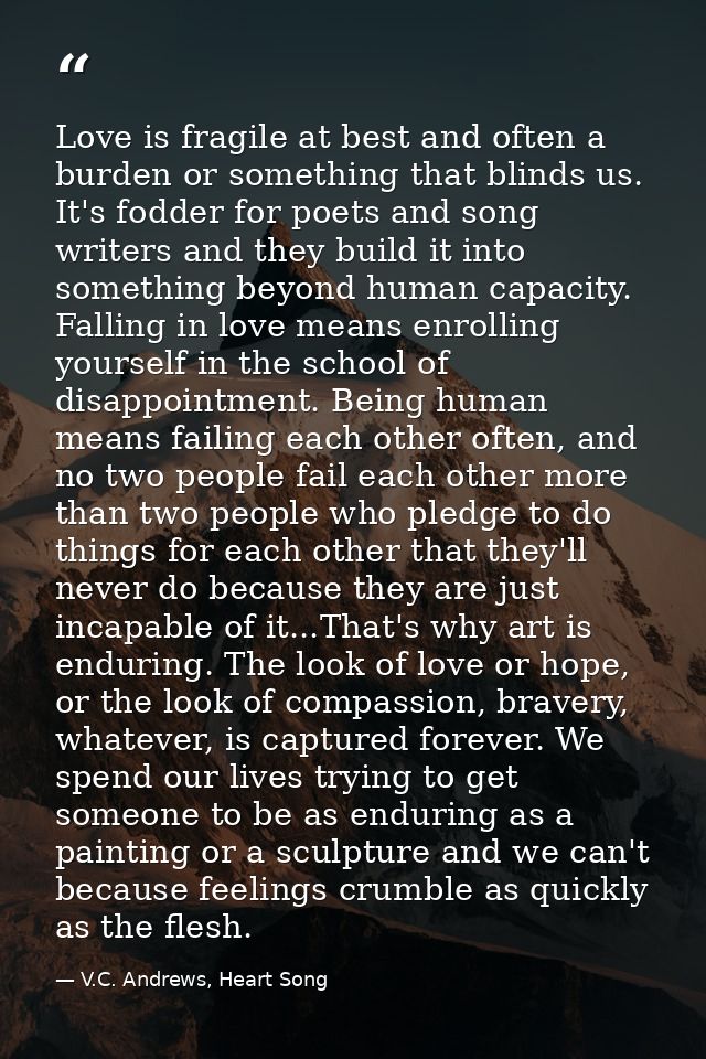 Love is fragile at best and often a burden or something that blinds us. It's fodder for poets and song writers and they  — V.C. Andrews, Heart Song