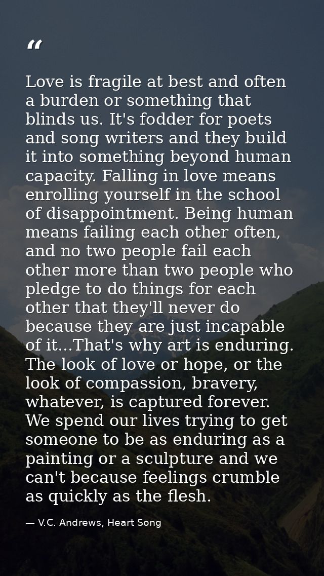 Love is fragile at best and often a burden or something that blinds us. It's fodder for poets and song writers and they  — V.C. Andrews, Heart Song