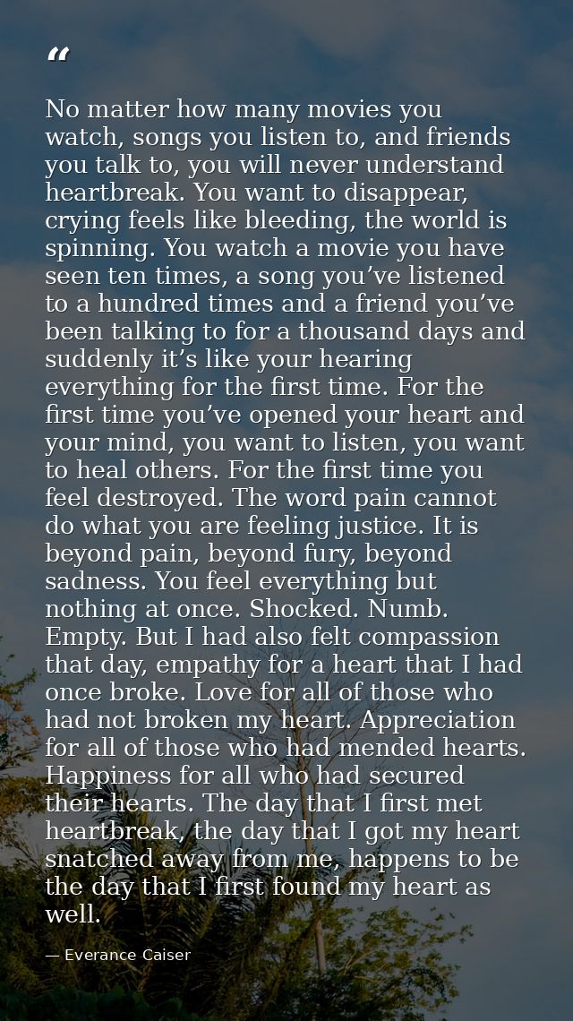 No matter how many movies you watch, songs you listen to, and friends you talk to, you will never understand heartbreak. — Everance Caiser