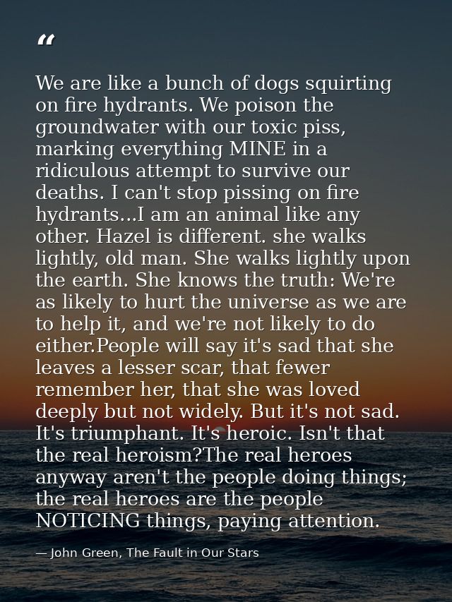 We are like a bunch of dogs squirting on fire hydrants. We poison the groundwater with our toxic piss, marking everythin — John Green, The Fault in Our Stars
