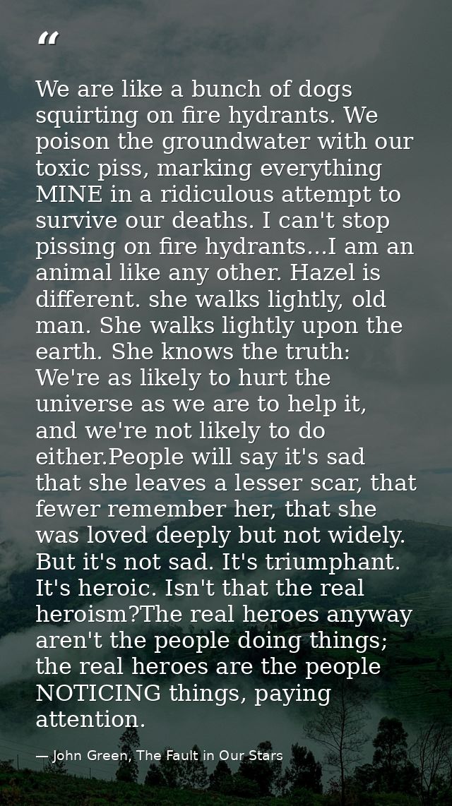 We are like a bunch of dogs squirting on fire hydrants. We poison the groundwater with our toxic piss, marking everythin — John Green, The Fault in Our Stars