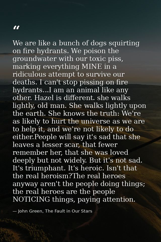 We are like a bunch of dogs squirting on fire hydrants. We poison the groundwater with our toxic piss, marking everythin — John Green, The Fault in Our Stars
