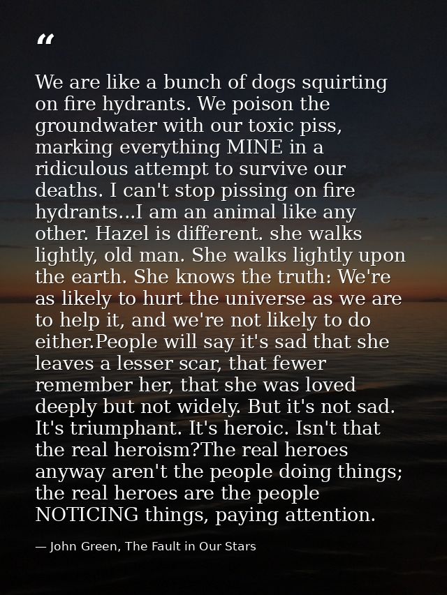 We are like a bunch of dogs squirting on fire hydrants. We poison the groundwater with our toxic piss, marking everythin — John Green, The Fault in Our Stars