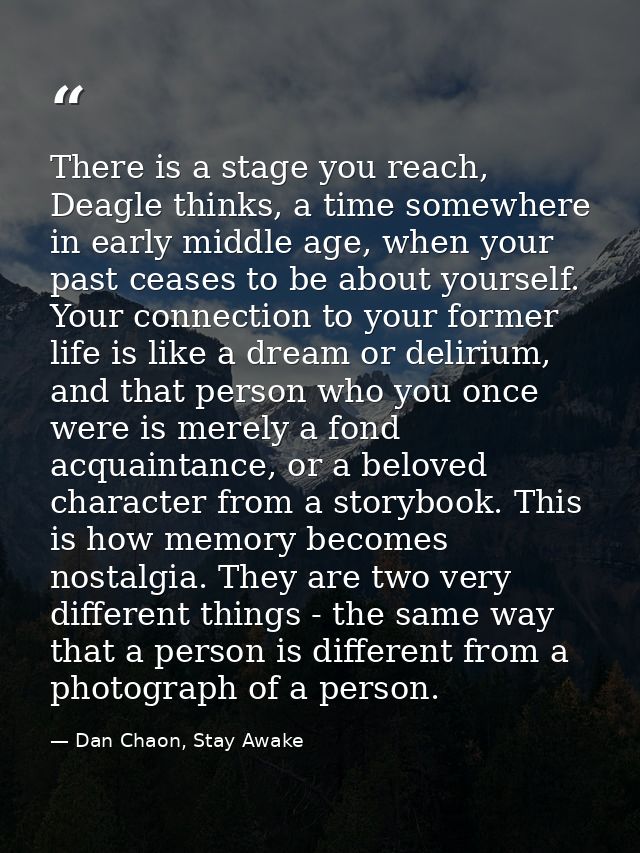 There is a stage you reach, Deagle thinks, a time somewhere in early middle age, when your past ceases to be about yours — Dan Chaon, Stay Awake