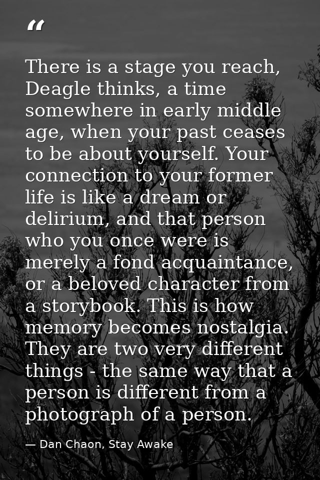 There is a stage you reach, Deagle thinks, a time somewhere in early middle age, when your past ceases to be about yours — Dan Chaon, Stay Awake