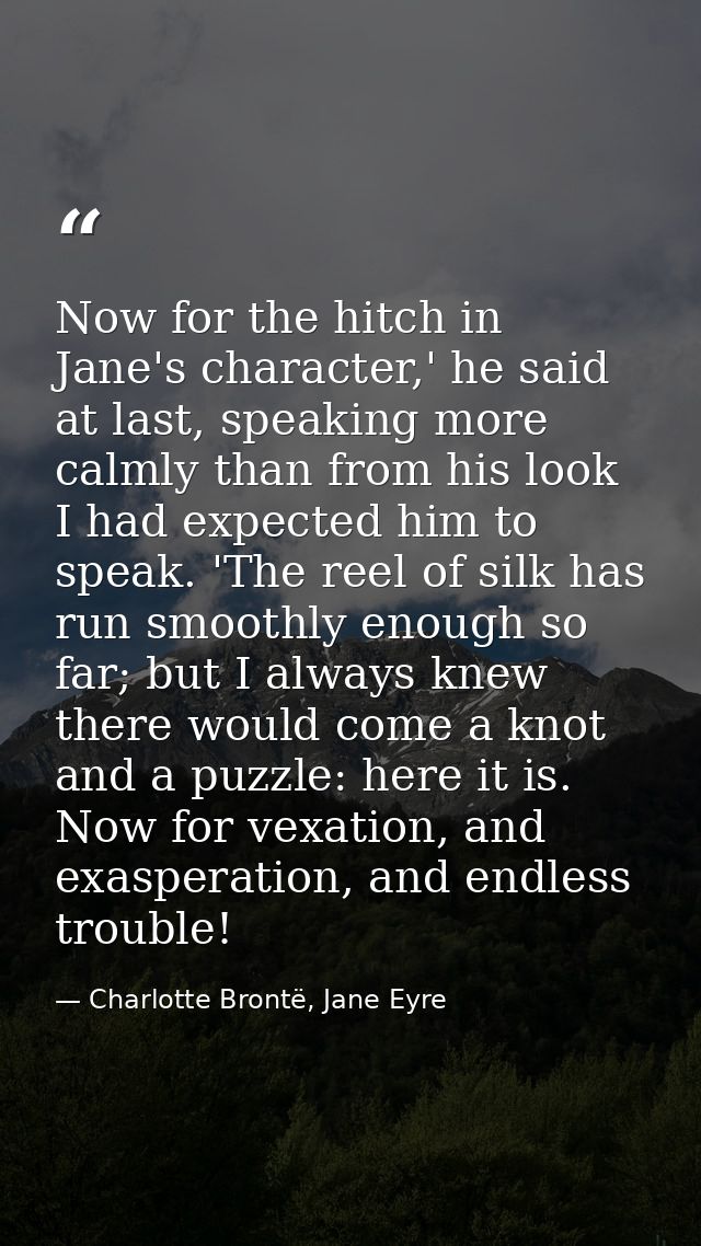 Now for the hitch in Jane's character,' he said at last, speaking more calmly than from his look I had expected him to s — Charlotte Brontë, Jane Eyre