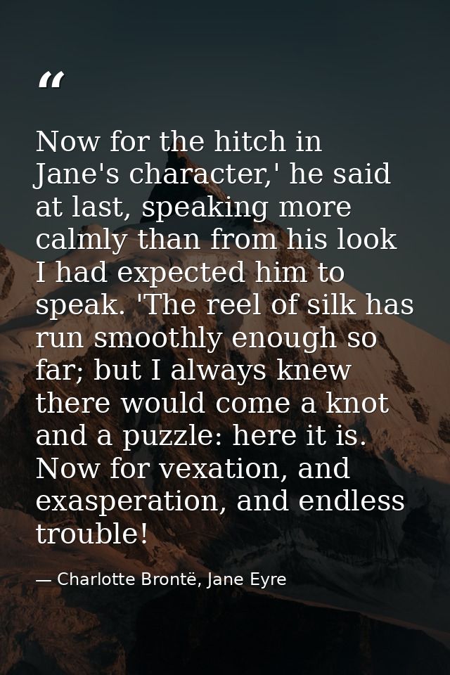Now for the hitch in Jane's character,' he said at last, speaking more calmly than from his look I had expected him to s — Charlotte Brontë, Jane Eyre