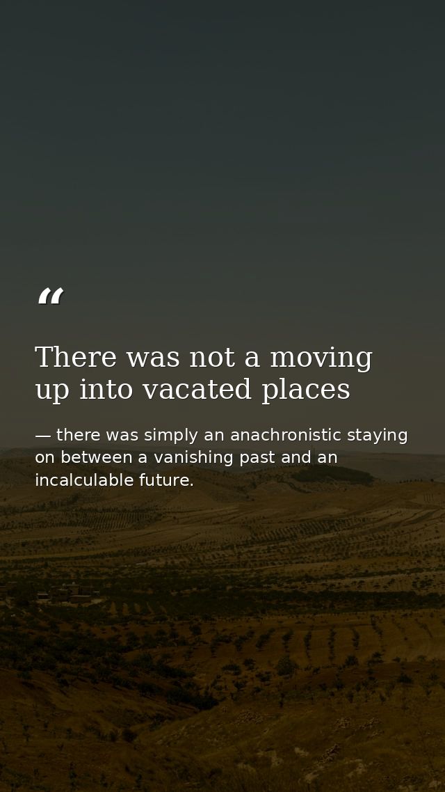 There was not a moving up into vacated places — there was simply an anachronistic staying on between a vanishing past and an incalculable future.