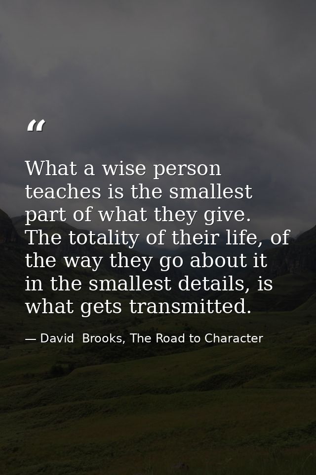 What a wise person teaches is the smallest part of what they give. The totality of their life, of the way they go about  — David  Brooks, The Road to Character