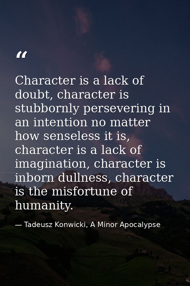 Character is a lack of doubt, character is stubbornly persevering in an intention no matter how senseless it is, charact — Tadeusz Konwicki, A Minor Apocalypse