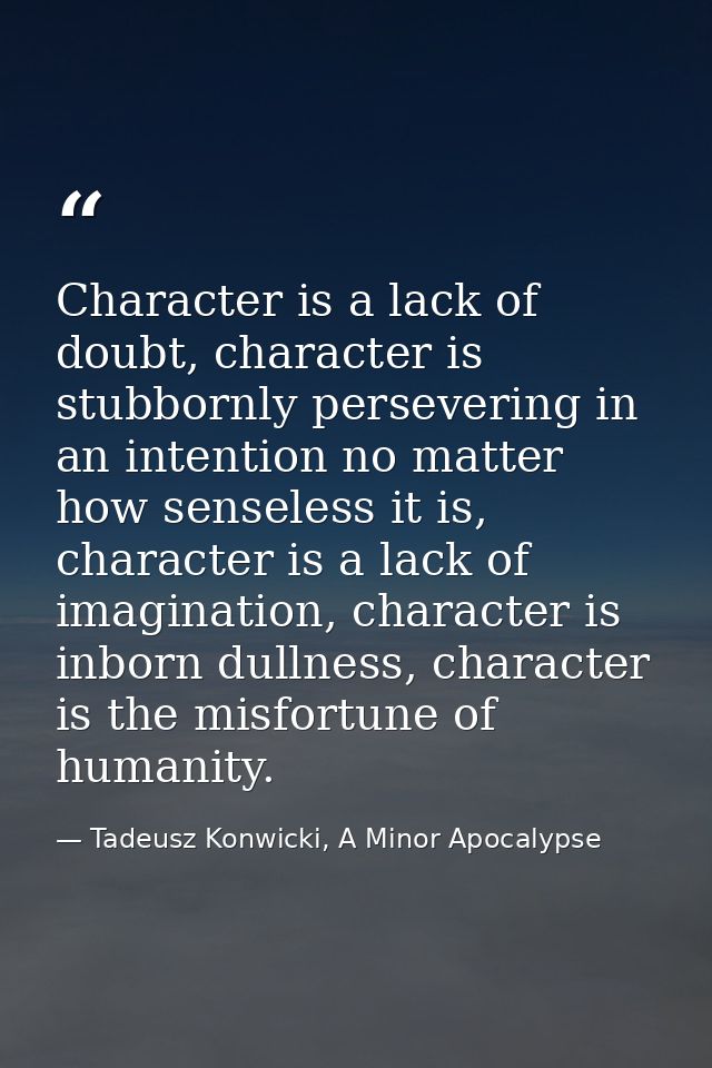 Character is a lack of doubt, character is stubbornly persevering in an intention no matter how senseless it is, charact — Tadeusz Konwicki, A Minor Apocalypse