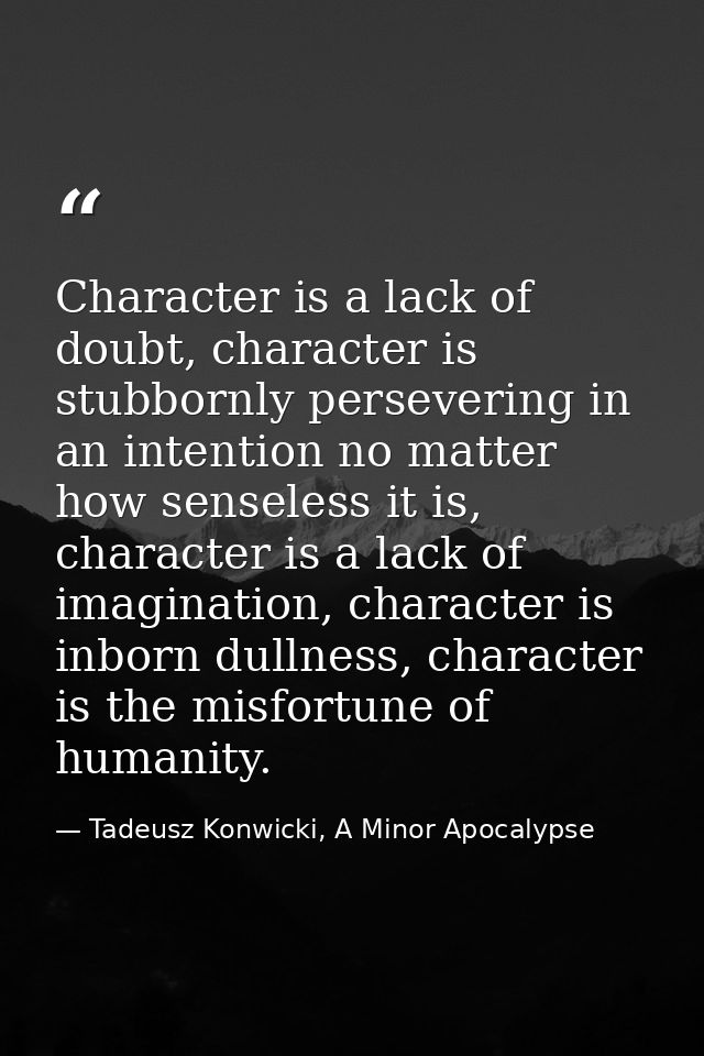 Character is a lack of doubt, character is stubbornly persevering in an intention no matter how senseless it is, charact — Tadeusz Konwicki, A Minor Apocalypse