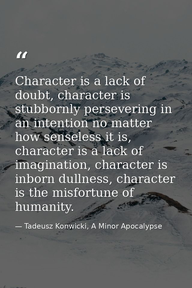 Character is a lack of doubt, character is stubbornly persevering in an intention no matter how senseless it is, charact — Tadeusz Konwicki, A Minor Apocalypse