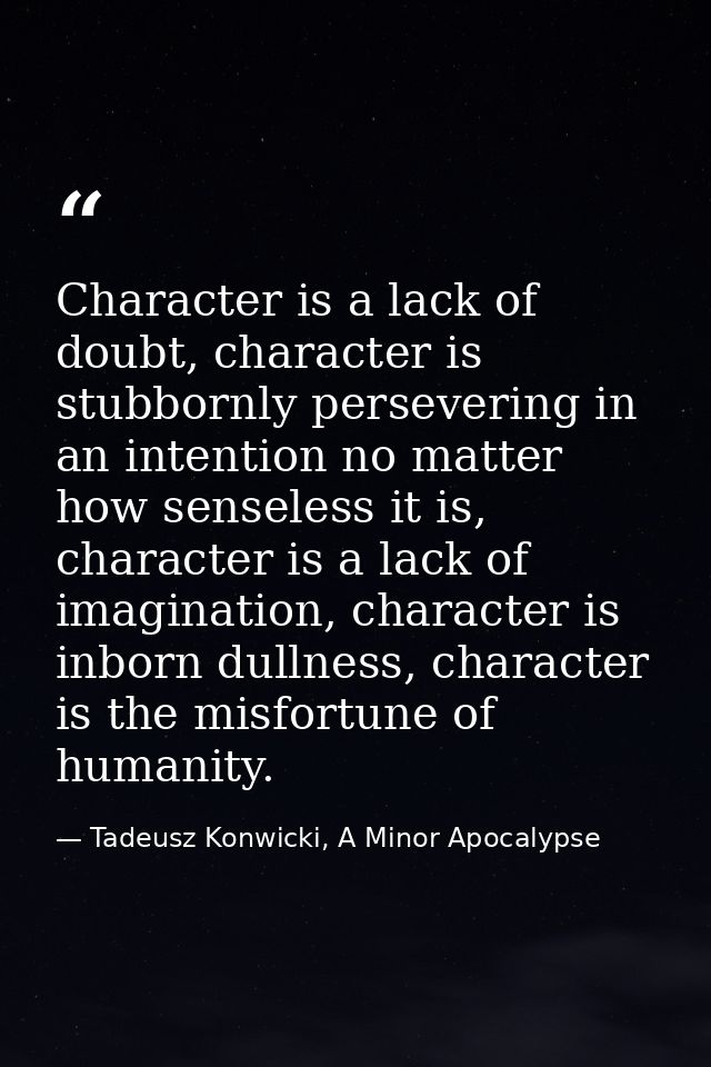 Character is a lack of doubt, character is stubbornly persevering in an intention no matter how senseless it is, charact — Tadeusz Konwicki, A Minor Apocalypse