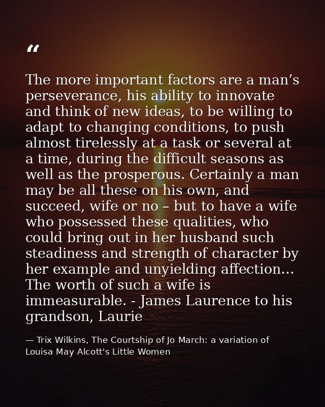 The more important factors are a man’s perseverance, his ability to innovate and think of new ideas, to be willing to ad — Trix Wilkins, The Courtship of Jo March: a variation of Louisa May Alcott's Little Women