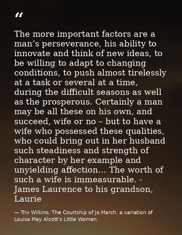 The more important factors are a man’s perseverance, his ability to innovate and think of new ideas, to be willing to ad — Trix Wilkins, The Courtship of Jo March: a variation of Louisa May Alcott's Little Women