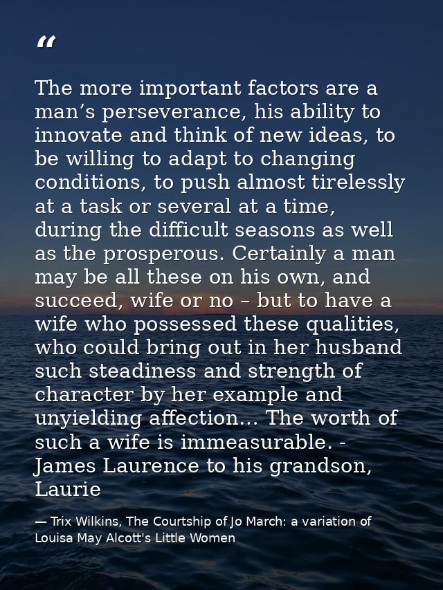 The more important factors are a man’s perseverance, his ability to innovate and think of new ideas, to be willing to ad — Trix Wilkins, The Courtship of Jo March: a variation of Louisa May Alcott's Little Women