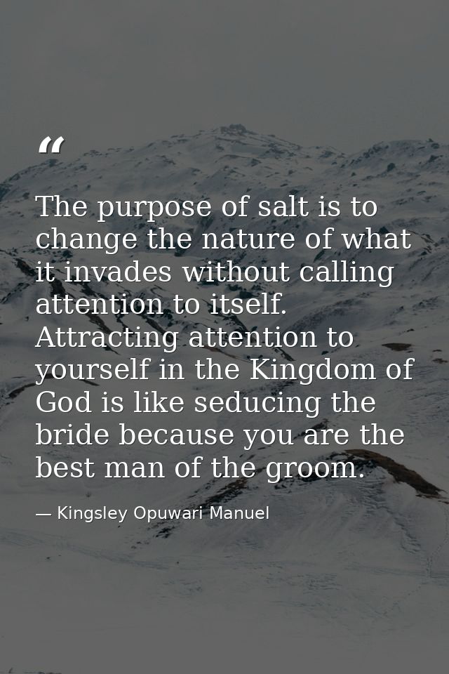 The purpose of salt is to change the nature of what it invades without calling attention to itself. Attracting attention — Kingsley Opuwari Manuel