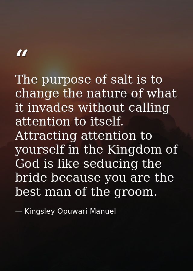 The purpose of salt is to change the nature of what it invades without calling attention to itself. Attracting attention — Kingsley Opuwari Manuel
