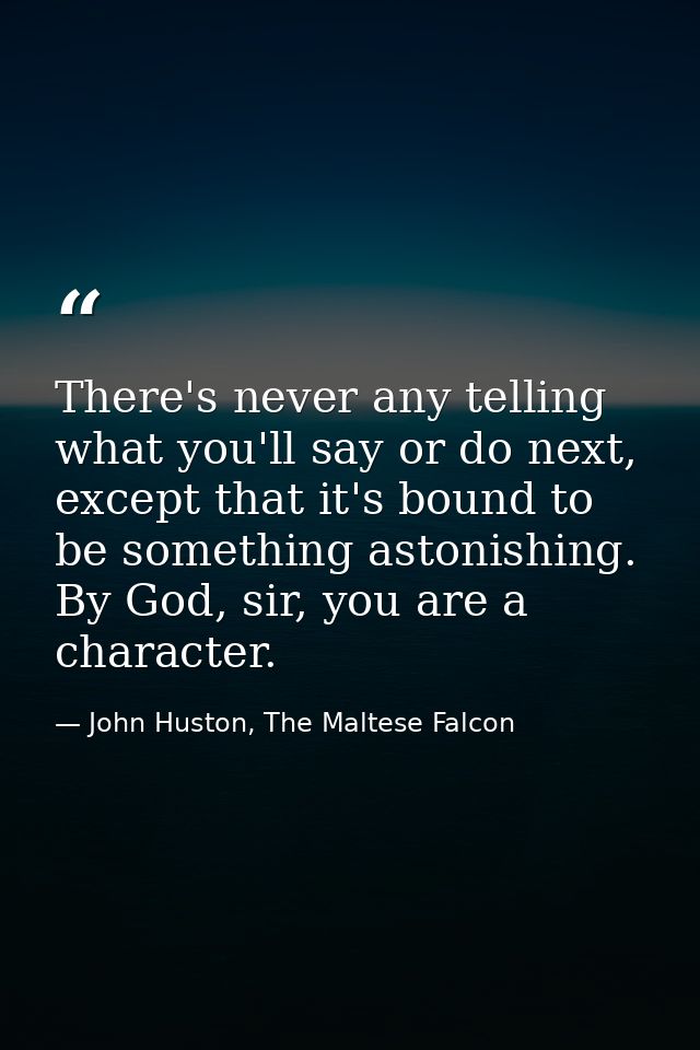 There's never any telling what you'll say or do next, except that it's bound to be something astonishing. By God, sir, y — John Huston, The Maltese Falcon