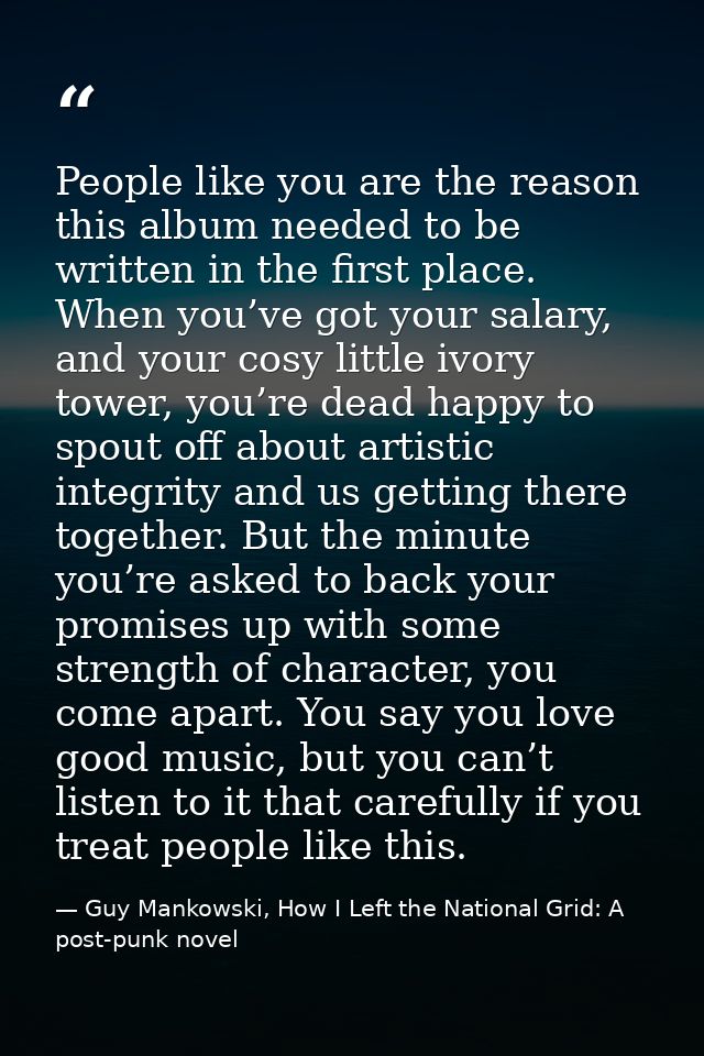 People like you are the reason this album needed to be written in the first place. When you’ve got your salary, and your — Guy Mankowski, How I Left the National Grid: A post-punk novel