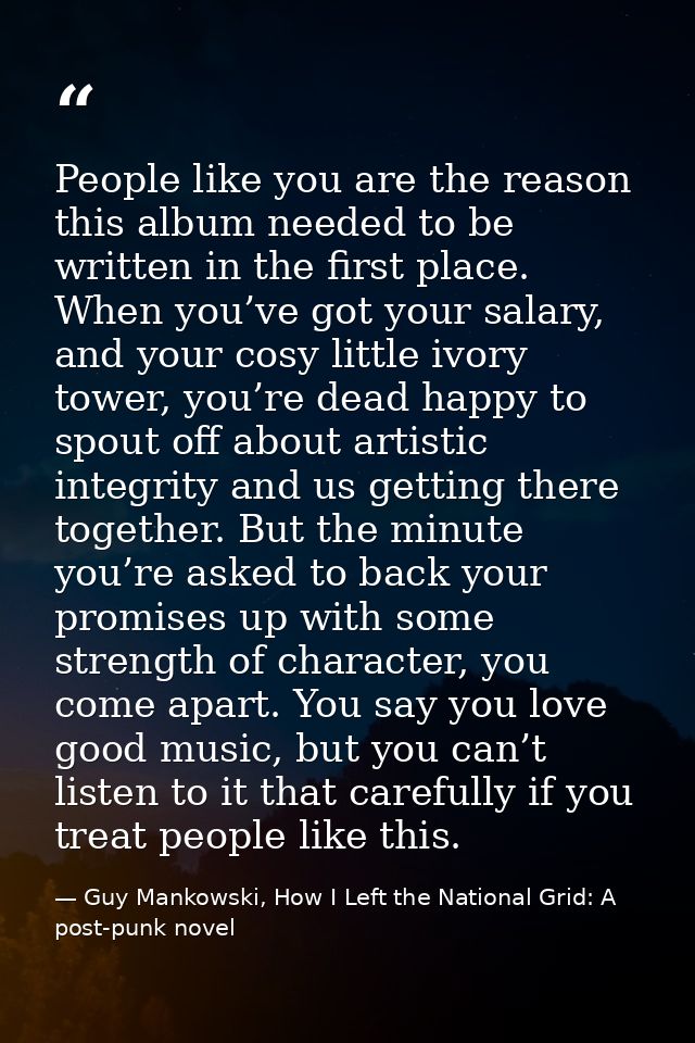People like you are the reason this album needed to be written in the first place. When you’ve got your salary, and your — Guy Mankowski, How I Left the National Grid: A post-punk novel