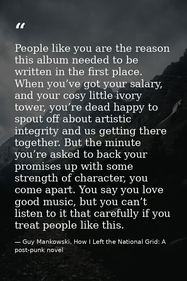 People like you are the reason this album needed to be written in the first place. When you’ve got your salary, and your — Guy Mankowski, How I Left the National Grid: A post-punk novel